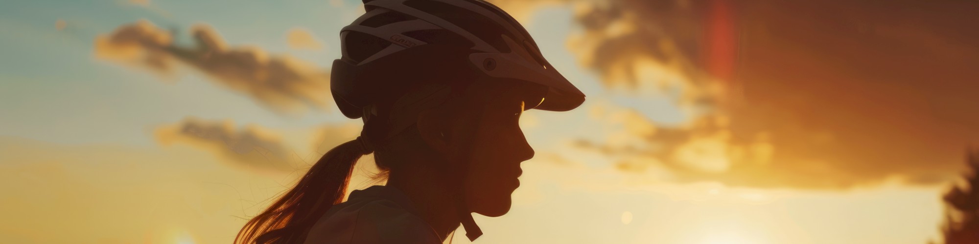 A person wearing a helmet is cycling outdoors at sunset, silhouetted against a vibrant sky with scattered clouds and the sun setting.