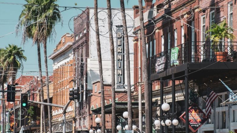 A street view with palm trees, historic brick buildings, and various storefronts, including a sign for 