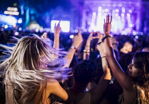 People dancing and enjoying a concert at night, with blurred stage lights in the background, creating a lively and energetic atmosphere.